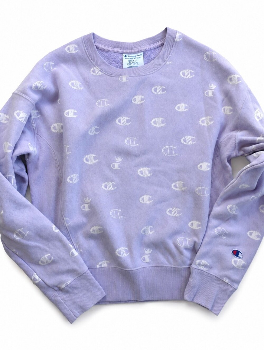 Champion Reverse Weave Sweatshirt Small Lavender All Over Logo Print Crewneck